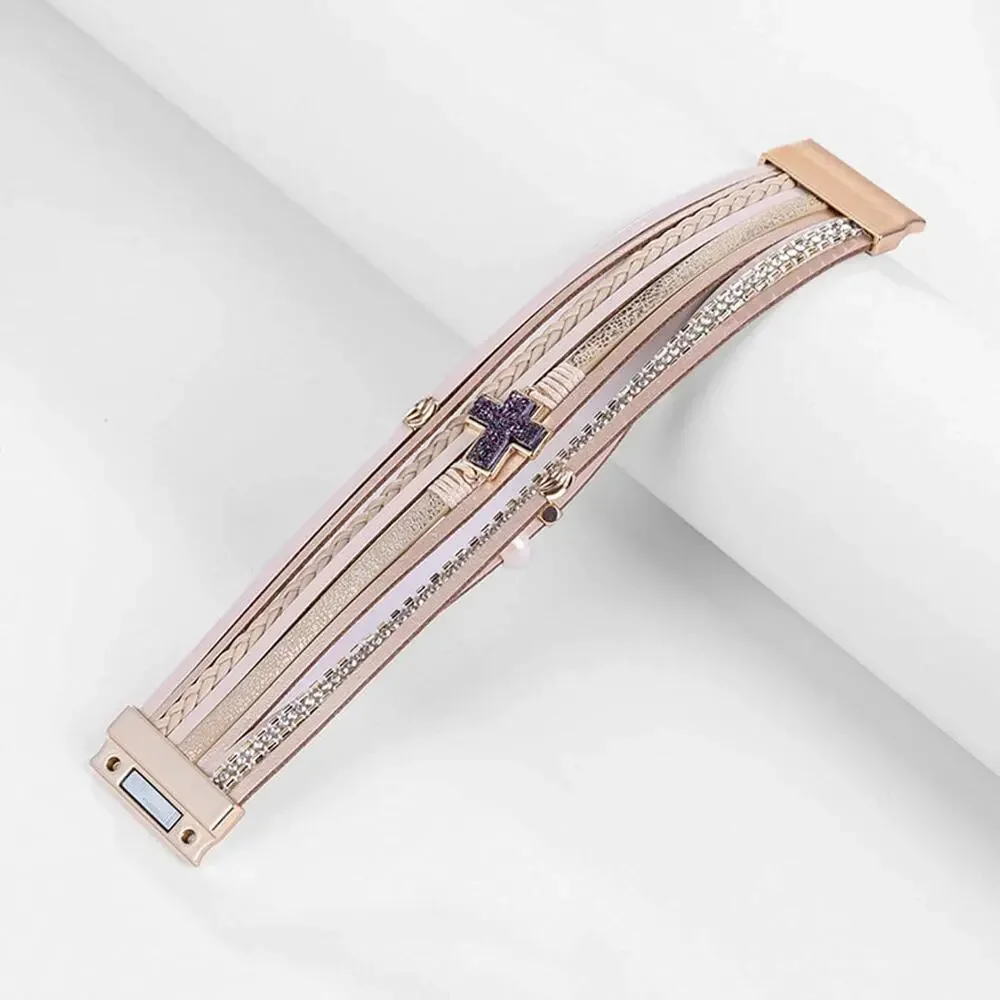 Cross Boho Multilayer Leather Wrap Cuff Bangle Bracelet - Picture 4 of 6
